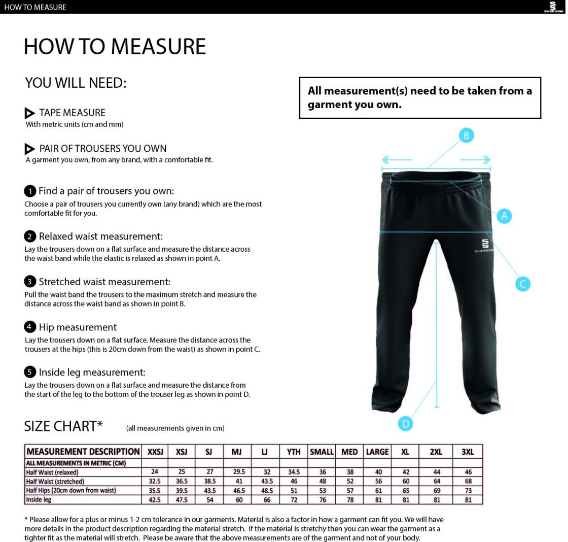 Leigh CC - Dual Poplin Track Pant With Lycra - Unisex Fit - Size Guide