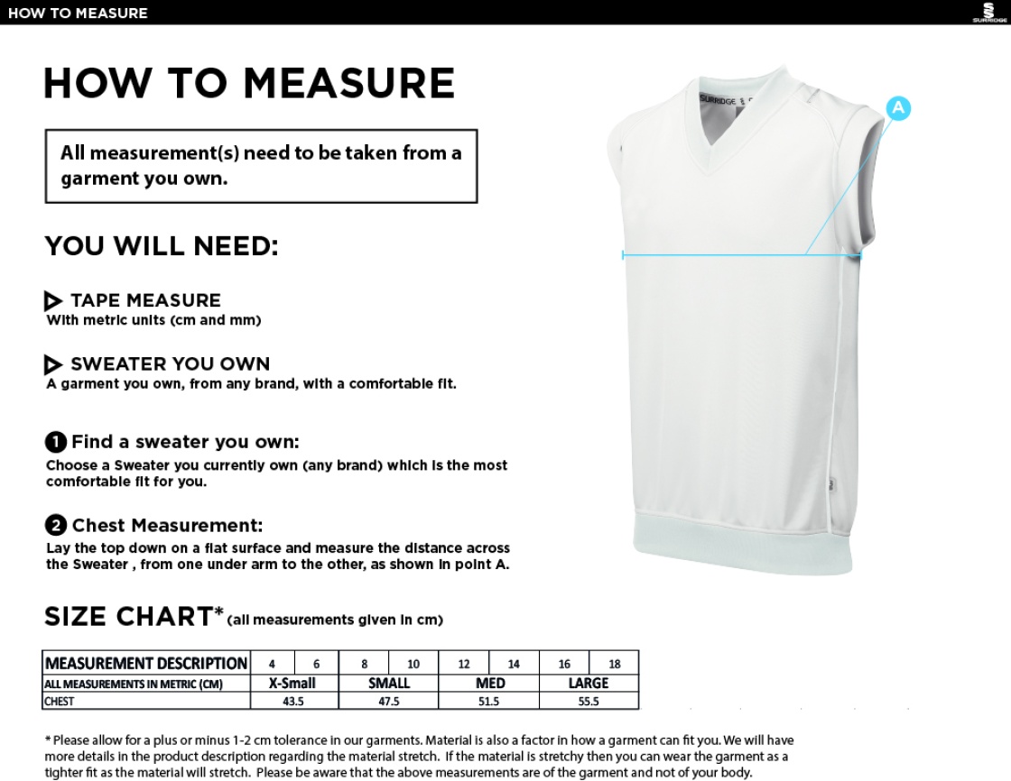 Leigh CC - Blast Sleeveless Cricket Sweater - Women's Fit - Size Guide