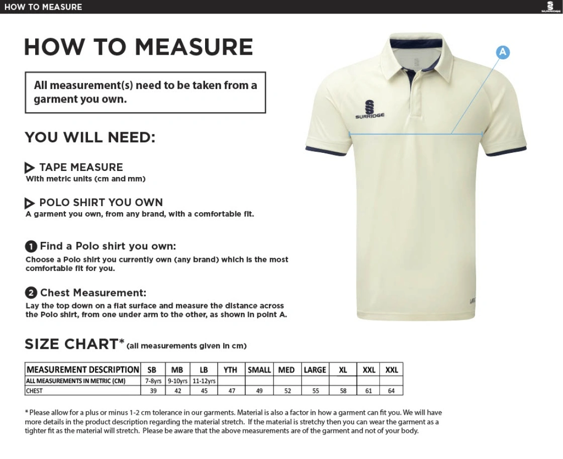 Leigh CC - Tek Short Sleeve Playing Shirt - Size Guide
