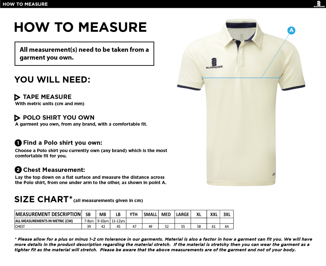 Leigh CC - Ergo Short Sleeve Cricket Shirt - Unisex Fit - Size Guide
