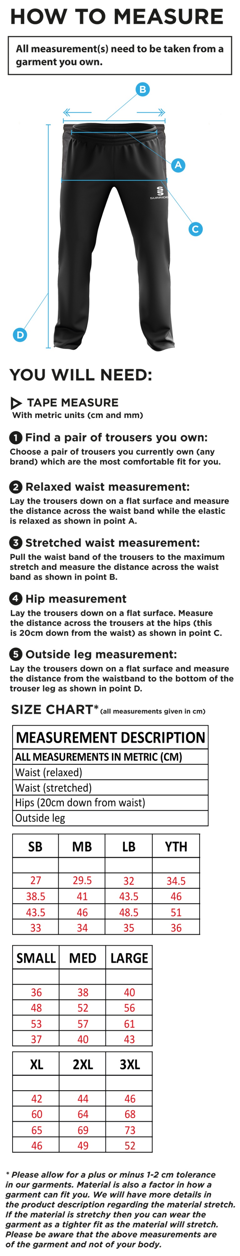 Leigh CC - Rip Stop Tracksuit Pants - Size Guide