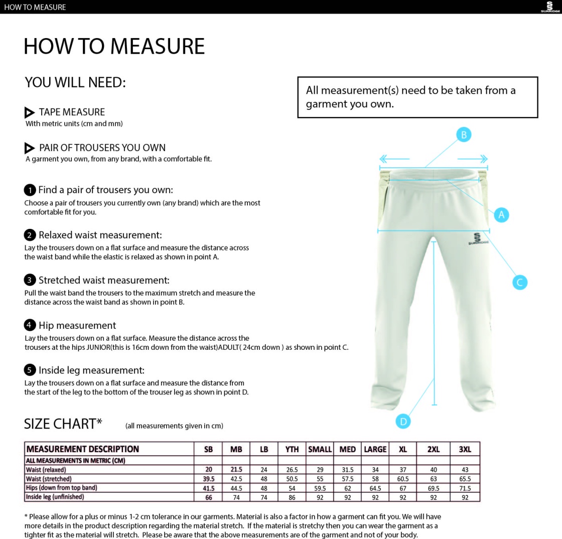 Leigh CC - Standard Playing Pant - Size Guide
