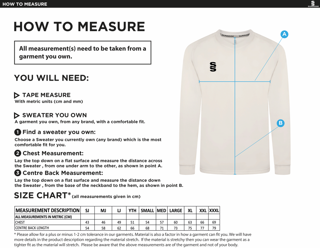 Leigh CC - Blast Long Sleeve Cricket Sweater - Unisex Fit - Size Guide