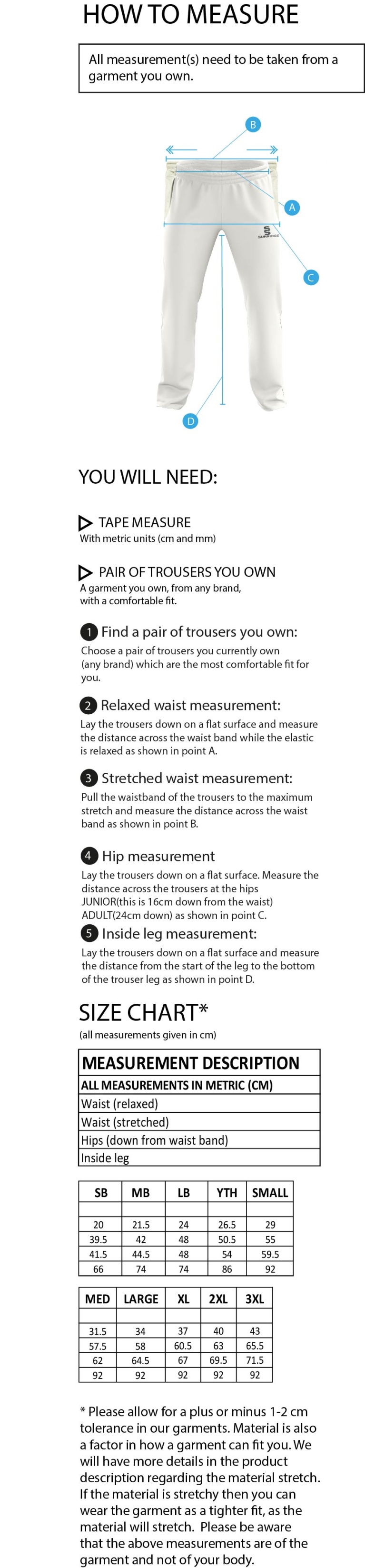 Leigh CC - Standard Playing Pant - Size Guide