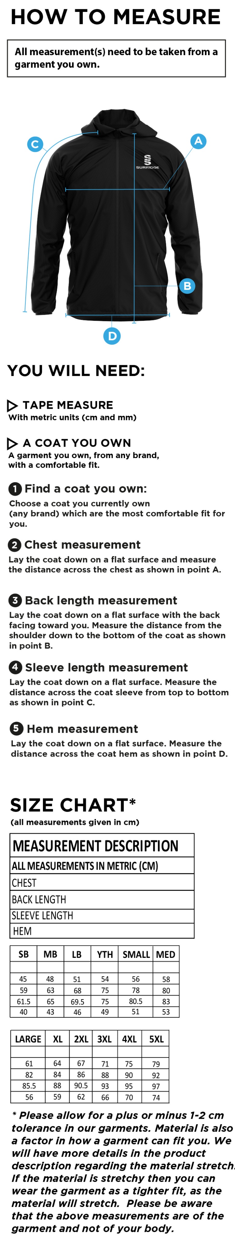 Leigh CC - Dual Full Zip Training Jacket - Size Guide