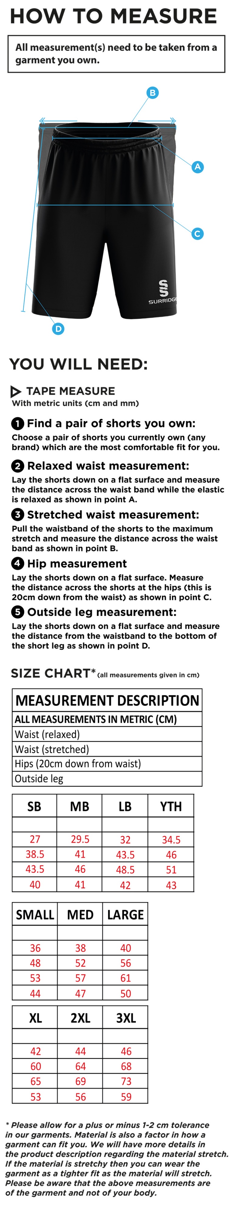 Leigh CC - Ripstop Training Shorts - Size Guide