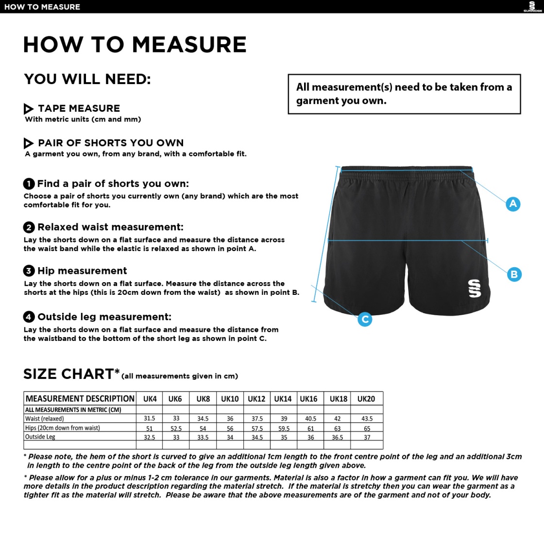 Leigh CC - Performance Gym Short - Women's Fit - Size Guide