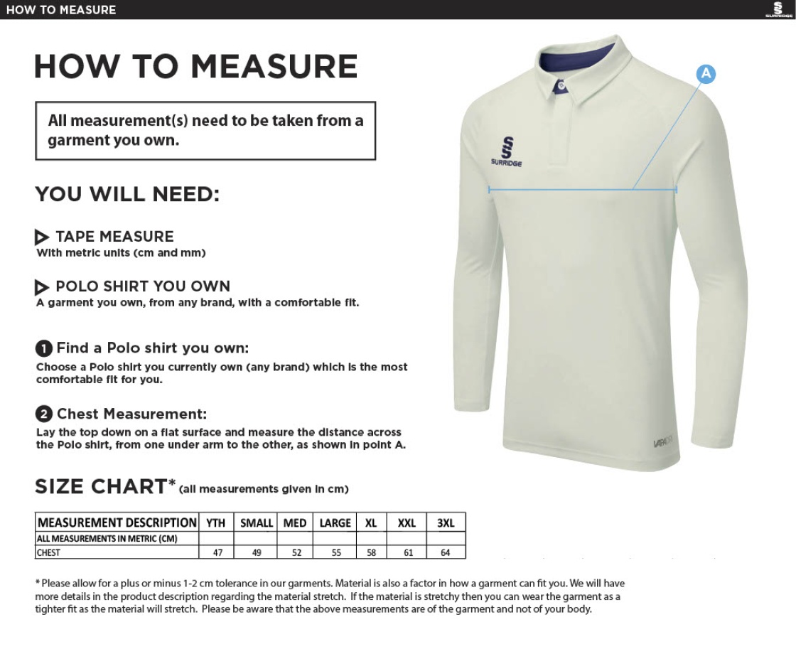 Leigh CC - Ergo Long Sleeve Cricket Shirt - Unisex Fit - Size Guide
