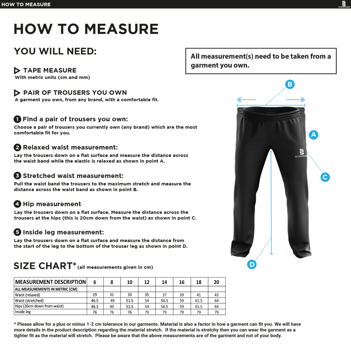 Leigh CC - Dual Poplin Track Pant With Lycra - Women's Fit - Size Guide