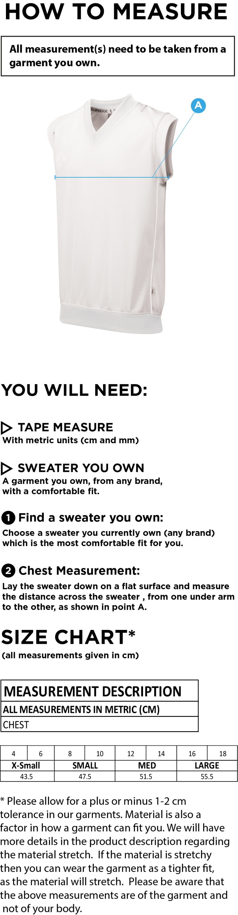 Leigh CC - Blast Sleeveless Cricket Sweater - Women's Fit - Size Guide