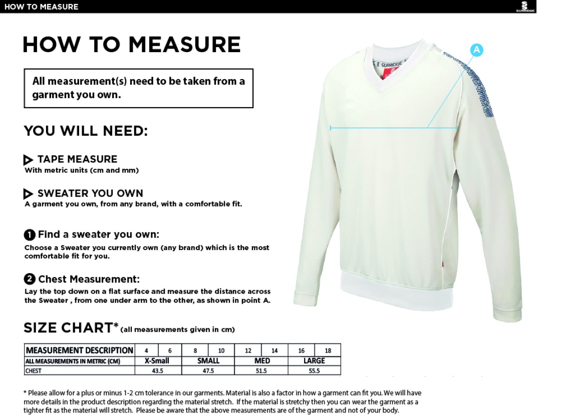Leigh CC - Blast Long Sleeve Cricket Sweater - Women's Fit - Size Guide