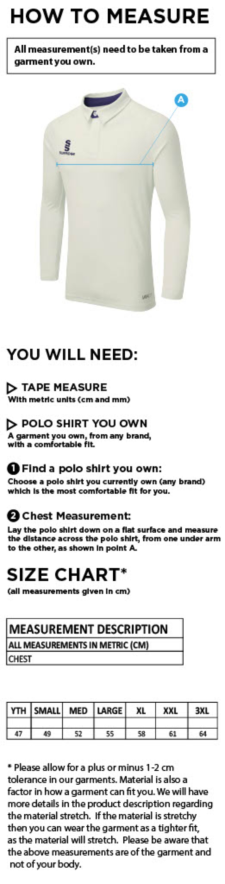 Leigh CC - Long Sleeve Playing Shirt - Size Guide