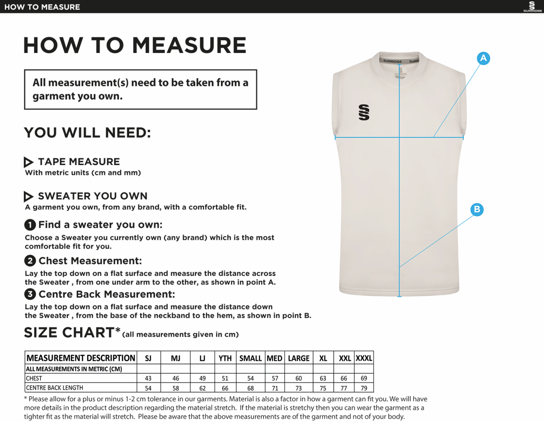 Leigh CC - Blast Sleeveless Cricket Sweater - Unisex Fit - Size Guide