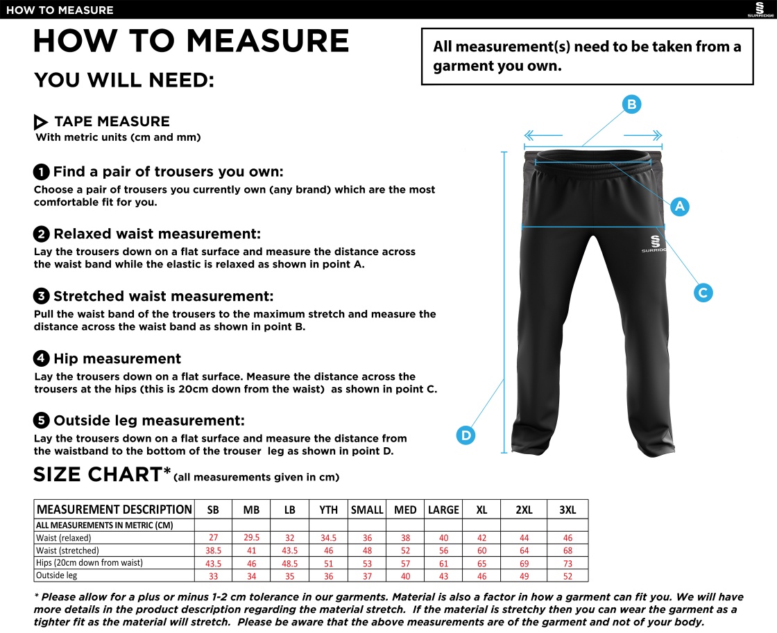 Leigh CC - Rip Stop Tracksuit Pants - Size Guide