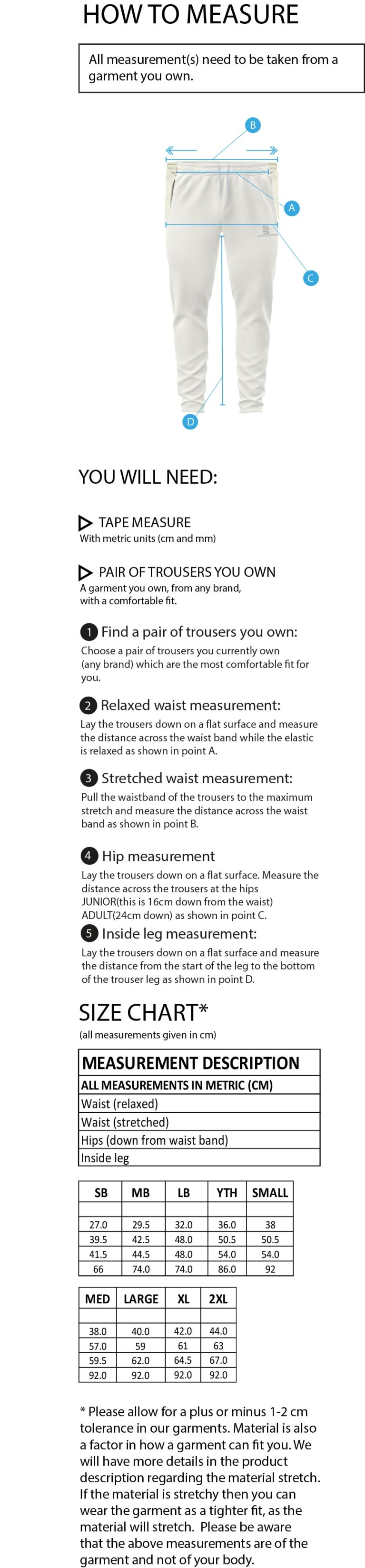 Leigh CC - Ergo Playing Pant - Size Guide