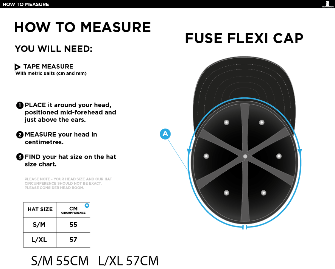 LEIGH CC Fuse Flexi Cap - Black - Size Guide